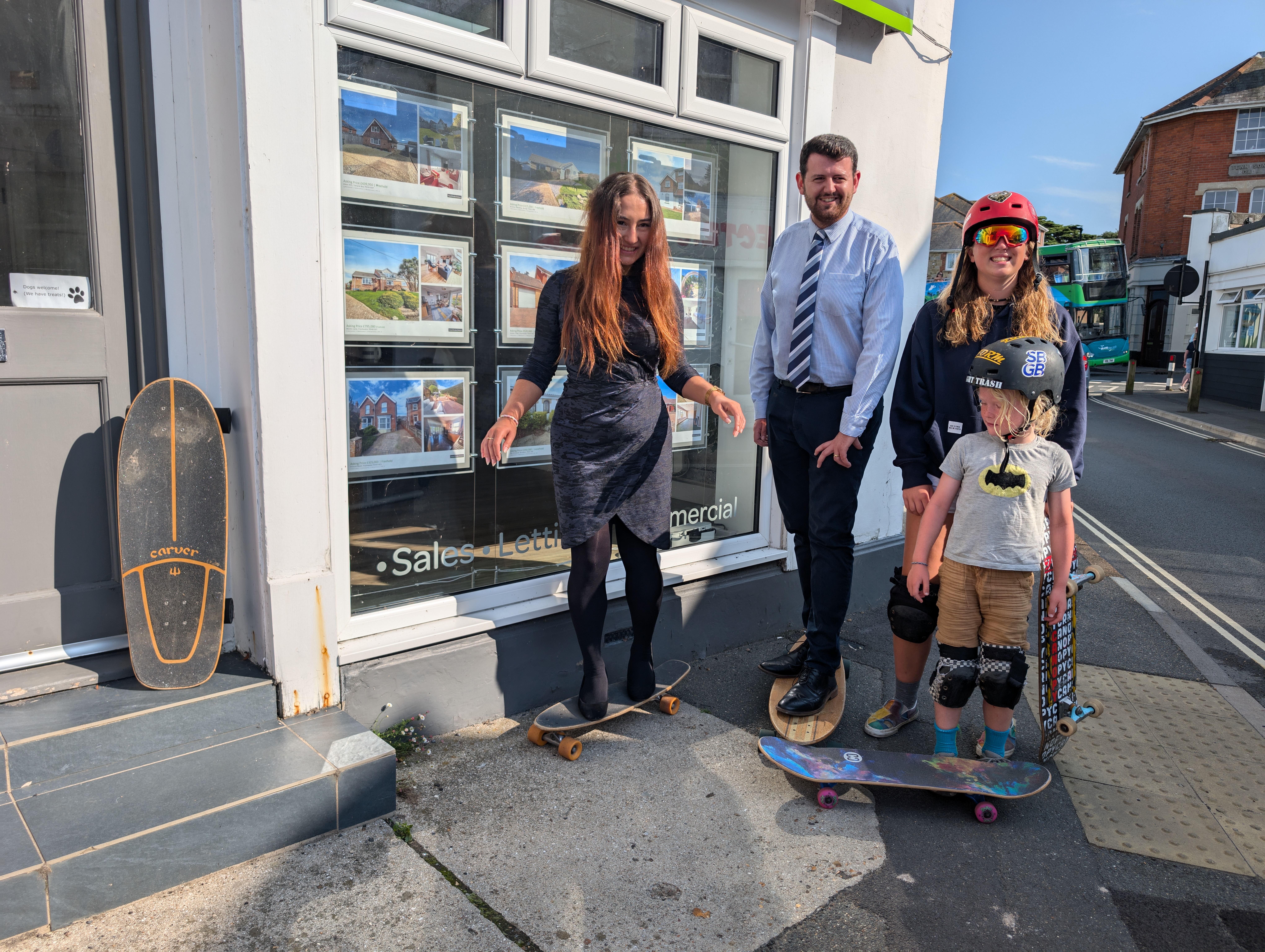 Bethany Morris Hose Rhodes Dickson Sales Consultant, Peter Barfoot Hose Rhodes Dickson Sales Manager, Martha Eggleton and Rufus Eggleton on Skateboards