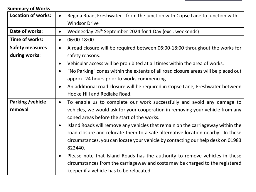 Schedule of works at Regina Road Freshwater for 25th September 2024