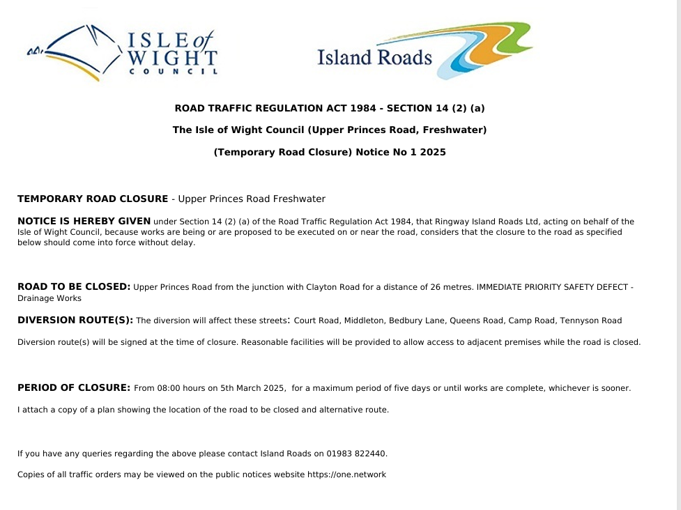 Road Closure notice for Upper Princes' Road, Freshwater from March 5th for 21 days or whenever works are completed.