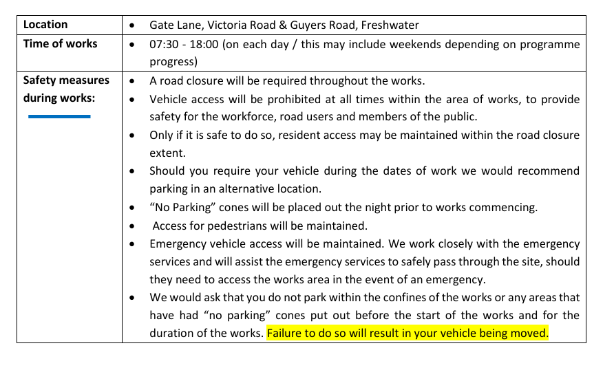 Location 
• Gate Lane, Victoria Road & Guyers Road, Freshwater 
Time of works 
• 07:30 - 18:00 (on each day / this may include weekends depending on programme 
progress) 
Safety measures 
during works: 
• A road closure will be required throughout the works. 
• Vehicle access will be prohibited at all times within the area of works, to provide 
safety for the workforce, road users and members of the public. 
• Only if it is safe to do so, resident access may be maintained within the road closure 
extent. 
• Should you require your vehicle during the dates of work we would recommend 
parking in an alternative location. 
• “No Parking” cones will be placed out the night prior to works commencing. 
•  Access for pedestrians will be maintained. 
• Emergency vehicle access will be maintained. We work closely with the emergency 
services and will assist the emergency services to safely pass through the site, should 
they need to access the works area in the event of an emergency. 
• We would ask that you do not park within the confines of the works or any areas that 
have had “no parking” cones put out before the start of the works and for the 
duration of the works. Failure to do so will result in your vehicle being moved.